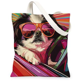 Generic Japanese Chin Dog Canvas Tote Bag for Shopping 13x15, Pop Aesthetic Funky Puppy Reusable Grocery Print Pattern Bag for Women, Cool Pet Beach Aesthetic
