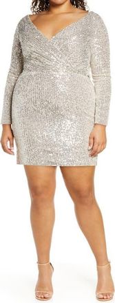 La Femme Short Sequin Plus Dress with Long Sleeves in Silver at Nordstrom, Size 14W