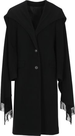 The Attico Long Black Coat With Two-Button Closure And Built-In Fringed Scarf