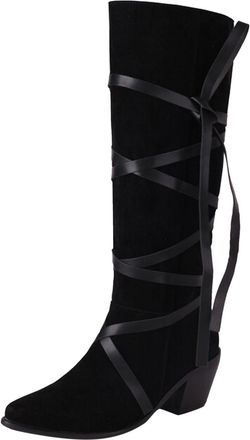 Generic Winter Women Mid Calf Boots Winter Fashion Pointed Toe Thick Heel Retro Bandage Decorative Comfortable Footwear (Black, 4. 5)