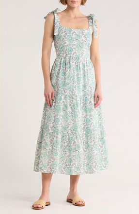 C&C California Betty Tie Shoulder Tiered Midi Dress in Cream/Aqua Floral at Nordstrom Rack, Size X-Large