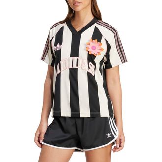 adidas Originals Floral Appliqu&eacute; Stripe Mesh Soccer Jersey in Wonder White/Black at Nordstrom Rack, Size X-Small