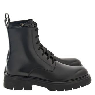 Ferragamo Black Leather Combat Boots, Size 9 E