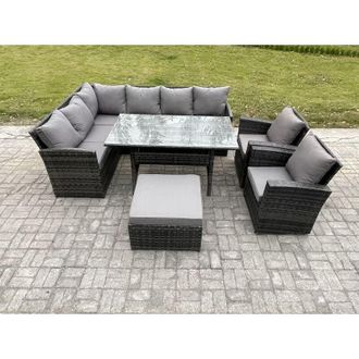 Fimous 9 Seater Outdoor Rattan Garden Furniture Set with Rectangular Dining Table Big Footstool 2 Armchiars Patio Wicker Corner Sofa Set Dark Grey Mixed