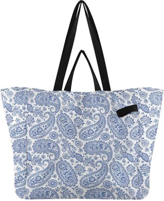 Generic Paisley Flowers Leaves White print Reusable Canvas Tote Bag, Heavy Duty Grocery Shopping Bag with Hard Bottom Double Handles Large Capacity Work Groce