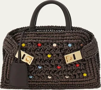 Ferragamo Hug Beaded Raffia Top-Handle Bag