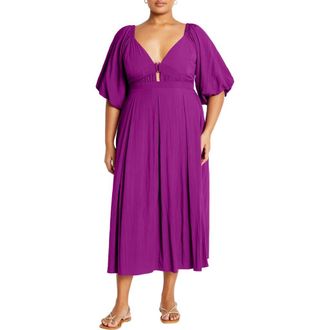 City Chic Shae Keyhole Detail Balloon Sleeve Midi Dress in Magenta at Nordstrom Rack, Size Xl/22W