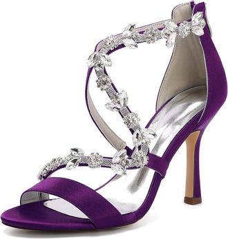 Generic Wedding Bridal Shoes Womens Bridal Stiletto Heels Sandals Sexy Open Toe Satin Wedding Party Dressy Heels Shoes 9.5Cm,Dark Purple,10 UK