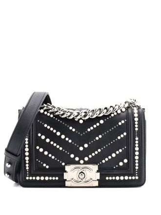 Chanel Boy Flap Bag Pearl Embellished Chevron Calfskin Small crossbody bag - women - Other - One Size - Black