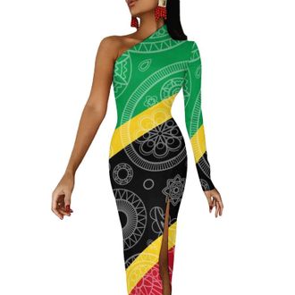 Generic Saint Kitts And Nevis Paisley Flag Summer Maxi Dress For Women Half Sleeve Long Dress Slim Split Evening Dresses L