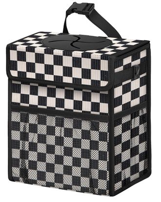OEM Papelera De Pana Para Coche Con Tapa Y Bolsillos De Malla - Organizador Impermeable, Papelera Multifuncional Impermeable Para Coche (cuadros Blancos Y