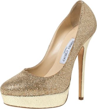 Jimmy Choo London Gold Glitter Fabric And Embossed Leather Eros Platform Pumps