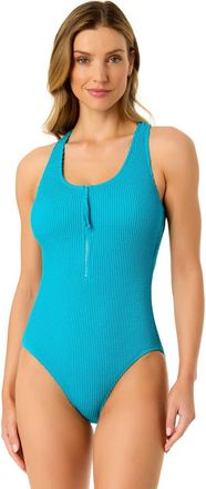 Anne Cole Womens Live In Color Textured Scoop Neck Front Racerback One Piece Swimsuit in Freshwater Turquoise at Nordstrom, Size 16