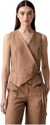 Vicolo Mouwloze Vest in Wikkelstijl - Dames - Bodywarmers - Bruin - M - Linnen - Jassen