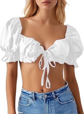 Generic 2025 Dirndl Blouse Women German Dirndl Blouse Bavarian Oktoberfest Costume Beer Festival Short Sleeve White Dirndl Shirts Crop Tops (White, S)
