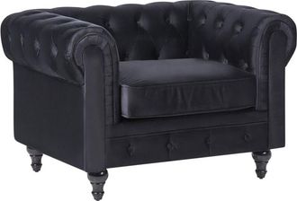 Beliani Sill&oacute;n Tapizado En Tela De Terciopelo Negro Patas De Madera Oscura Contempor&aacute;neo Chesterfield