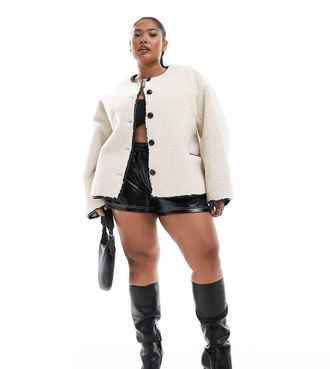 4th & Reckless exclusive button detail faux shearling jacket in cream-White