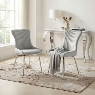 Furniturebox Set of 2 Nora Deep Padded Luxurious Dining Chairs Upholstered In Soft Velvet With Chrome Legs in Light Grey