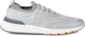 Brunello Cucinelli Grijze Gebreide Sneakers met Leren Rand - Heren - Sneakers - Grijs - 43 EU - Katoen - Schoenen