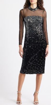 Eliza J Mixed Media Sequin Long Sleeve Cocktail Midi Dress in Black Silver at Nordstrom Rack, Size 18 (Similar To 14W)