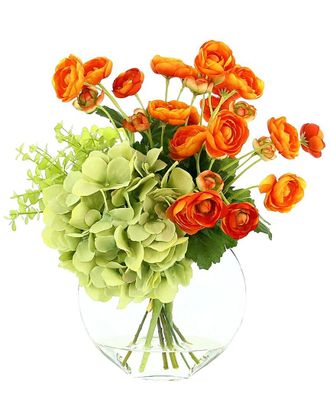 Creative Displays Inc. Orange Ranunculus, Hydrangea & Eucalyptus Arrangement In Glass Vase