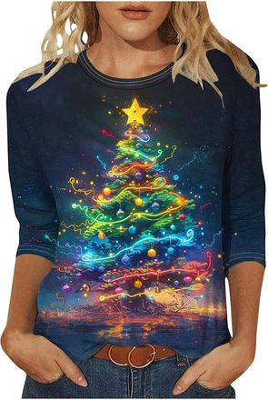 Generic Christmas Jumpers for Women UK Funny Cute Glitter Xmas Tree Graphic Printed Sweatshirts Crew Neck 3/4 Sleeve T Shirt Casual Print Patterns Holiday Jum