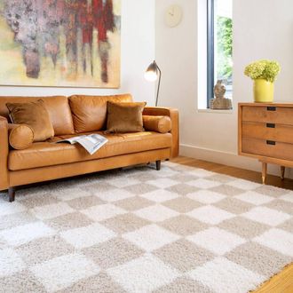 Kukoon Beige Shaggy Checkerboard Checked Living Room Area Rug | Size: 240 cm x 330 cm