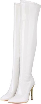 Generic White,6.5 UK,Over The Knee Boots for Women Pointed Toe Stiletto High Heel Side Zipper Fall Boots Patent Leather PU Dating Party Evening Thigh High Sho