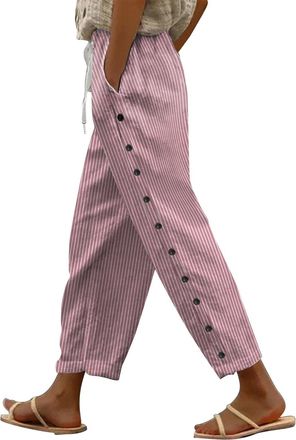 Generic Shffuw Cotton Linen Trousers Womens UK Side Button Elastic Waist Wide Leg Palazzo Trousers with Pockets and Drawstring Ladies Summer Beach Capri Pants