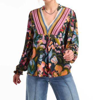 FDJ Lace Neckline Print Tee In Garden Camouflage