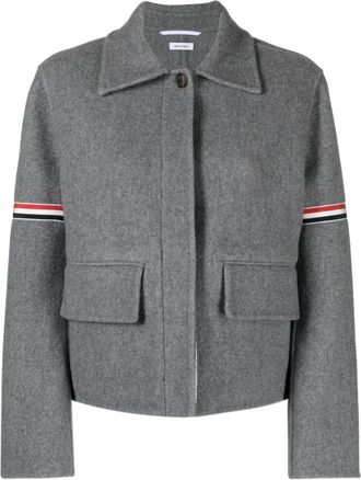 Thom Browne grosgrain-stripe brushed jacket - women - Wool/Cashmere - 42 - Grey