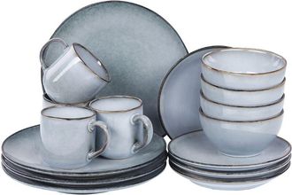 Beliani Beliani - Conjunto De 16 Piezas De Gres Azul Claro Marr&oacute;n 4 Personas A Mano Esmalte Juniper