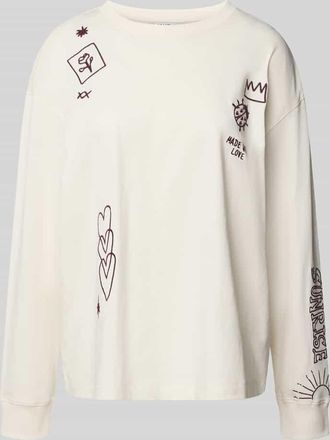 Jake*s Casual Longsleeve mit Motiv- und Statement-Stitching in Offwhite, Gr&ouml;&szlig;e S