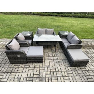Fimous Outdoor Rattan Garden Furniture 9 piece Grey Patio Furniture Set 8 Seater Lounge Sofa Set with Rectangular Table Reclining Chairs 2 Big Stools 2 Side