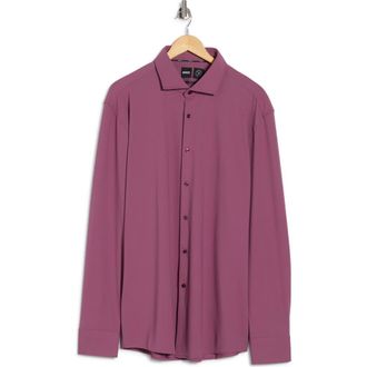 BOSS Hal Kent Casual Fit Linen & Cotton Blend Performance Dress Shirt in Dark Pink at Nordstrom Rack, Size 18R