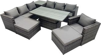 Fimous Fimous 9 Seater Outdoor Corner Sofa Height Adjustable Rising Lifting Table Set Garden Rattan Furniture Set with Side Table 2 Big Stool Dark Grey