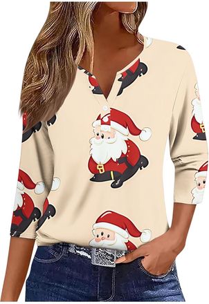 Generic Christmas Jumpers for Women 3/4 Sleeve Pullover Tops Xmas Tree Novelty Funny Print Sweatshirts Button V-Neck T-Shirts Shirts Loose Fit Tunic Tops Ladi