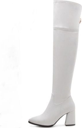Generic Womens Thigh-High Elastic Riding Boots, Block Heel & Pointed Toe, Winter Fashion Long Style for Work and Casual Wear,White,7.5 UK