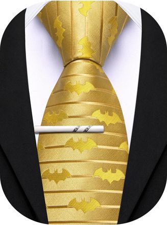Barry.Wang Silk Ties for Men Fun Necktie and Tie Clip Set for Wedding Party Business Formal Extra Long, Bat Gold, One Size