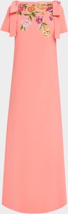 Carolina Herrera Embroidered Bow-Shoulder A-Line Gown
