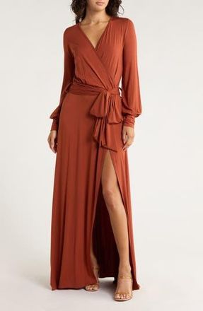 Go Couture Long Sleeve Maxi Wrap Dress in Bran Ponte at Nordstrom Rack, Size X-Large
