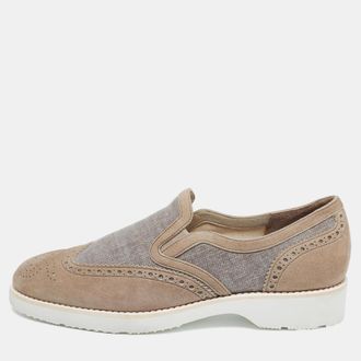 Santoni Grey Brogue Suede And Canvas Slip On Sneakers