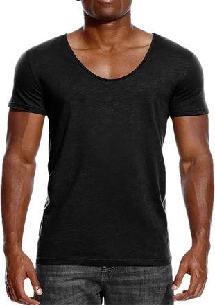 Generic Scoop Neck T Shirt for Men Slim Fit Short Sleeve Black