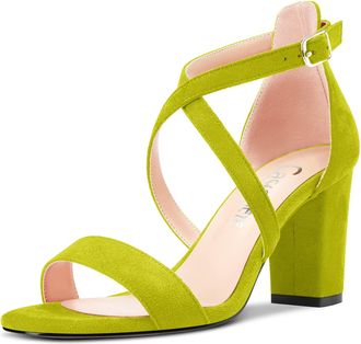 Castamere Women Chunky Block High Heel Peep Open Toe Sandals Cross-Strap Buckle Wedding Sexy Dress Shoes Lime Green 5 UK