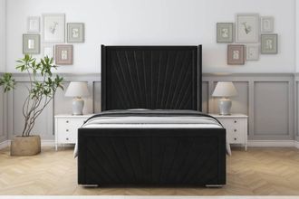 Sloomy Rutherford Plush Frame-Mattress-50 Upholstered Wingback Headboard in Black | Size: Small Double