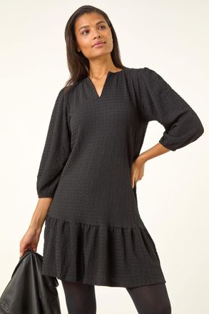 Roman Textured V-Neck Frill Hem Smock Dress