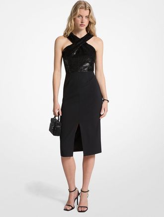 Michael Kors Sequined and Crepe Halter Dress