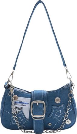 Generic ETOYA Star Embroidery Handbag Denim Shoulder Bag with Chain Y2K Underarm Bag (Blue)