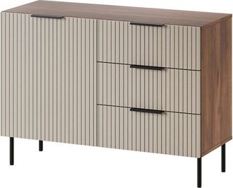 Dmora Aparador Grado, Aparador De Sal&oacute;n Con Una Puerta Abatible Y Tres Cajones, Elevado Del Suelo, 104x42 H75 Cm, Nogal Y Beige