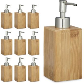 Relaxdays Relaxdays - Set 10 Dispensadores Jabón 240 ml, Dosificador Gel Manos, Expendedor Crema, Baño, Cocina, Bambú, 18x6,5x8cm, Natural
